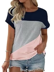 Fisoew T-Shirts Fisoew Damen T-Shirt Rundhals Farbblock Kurzarm Shirt Casual Oberteil Sommer locker Tops (Rosa, M)