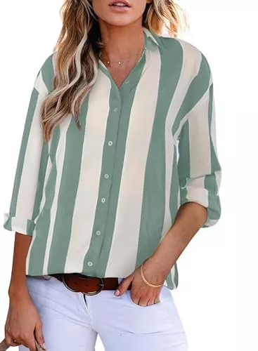 BLENCOT Langarmblusen BLENCOT Bluse Damen Langarm Casual Streifen Oberteile Hemd Lose V-Ausschnitt Langarmshirt Chiffon Blusen Tops Elegant S-2XL