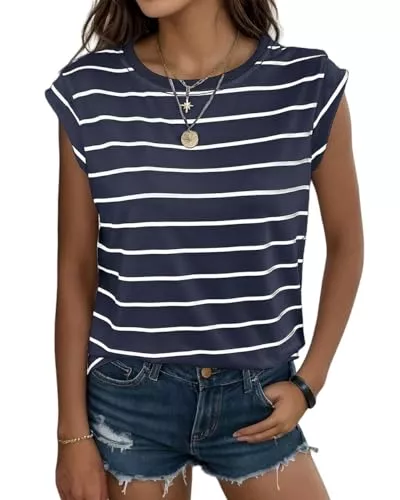 YUTILA T-Shirts YUTILA Damen Rundhal Ausschnitt Casual Gestreift Tshirt Sommer Tops