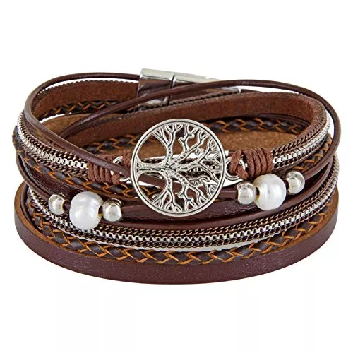 StarAppeal Schmuck StarAppeal Armband Wickelarmband mit Perlen, Ketten, Flechtelement und Lebensbaum Anhänger, Magnetverschluss Silber, Damen Armband