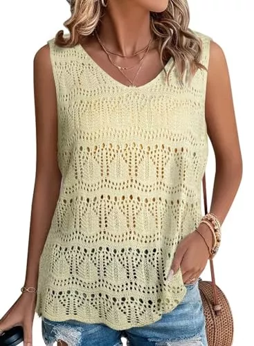 BLENCOT Tops BLENCOT Damen Strick Tank Top Sommer V-Ausschnitt Top Ärmellose Ausgehöhlt Oberteile Läsiges Fit Basic Shirt Bluse