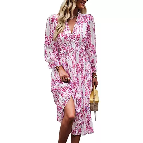 AILLOSA Freizeit AILLOSA Freizeitkleider für Damen Lässiges Langarm V-Ausschnitt Lockeres Blumenkleid Lange Kleider Schaukelkleid für Frauen