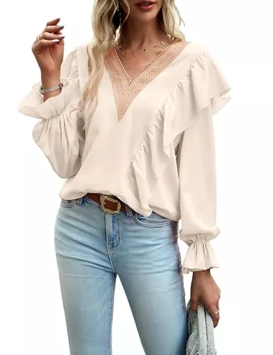 Heersan Langarmblusen Heersan Tunika Damen V Ausschnitt T Shirt Boho Kleidung Damen Elegante Bluse Shirts Lässige Streetwear Langarm Oberteil Tops Chic Hemdbluse