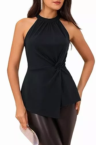 GRACE KARIN Ärmellose Blusen GRACE KARIN Damen Neckholder Bluse Elegant Oberteile Ärmellos Plissierte Taille Top Slim Fit A-Linie Unregelmäßiger Saum Shirts