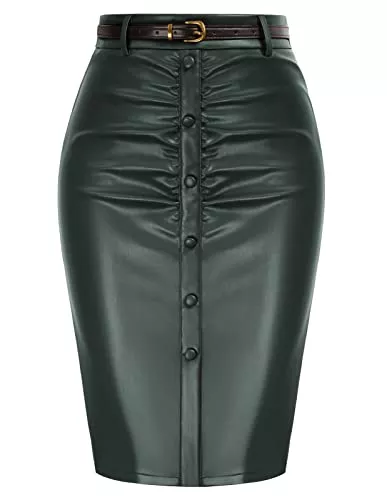 Belle Poque Röcke Belle Poque Damen Vintage-Bleistiftrock Aus Gerafftem Leder Mit Gürtel Und Schlitz Vorne Schmale Passform Midi-Bodycon-Rock