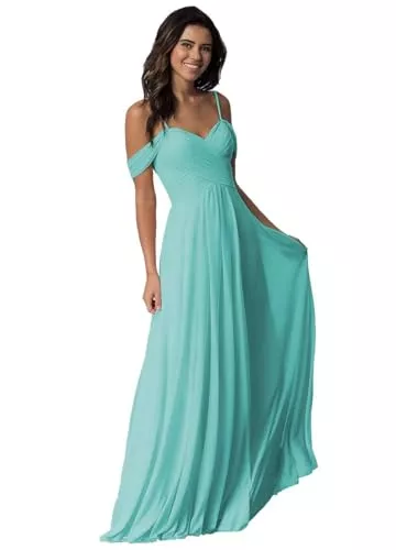 Sincemeet Abendkleider Damen Schulterfrei Brautjungfer Kleid lang Spaghetti-Träger Chiffon formelle Abendkleider A-Linie Plissiert Ballkleider