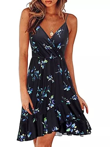 ULTRANICE Freizeit ULTRANICE Damen Sommerkleider Blumenmuster Kleid V-Ausschnitt Strandkleid Verstellbaren Spaghettiträger Rüschen Kleider