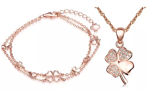 Yumilok Schmuck Yumilok Roségold 925 Sterling Silber Zirkonia Vierblättriges Kleeblatt Charm Armband Halskette Schmuck Set Armkette & Kette mit Anhänger Set für Damen Mädchen