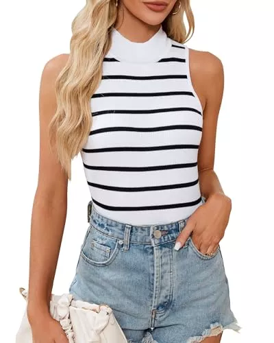 BellaDila Tops BellaDila Damen Frühling Sommer Gestreift Tank Top Rippenstrick Slim Fit Ärmellose Shirt Rollkragen Lässig Basic Tops Oberteile 2024