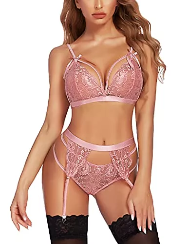 wearella Unterwäsche & Dessous wearella Damen-Dessous-Set aus Spitze mit Strumpfband, Träger-BH und Panty-Babydoll