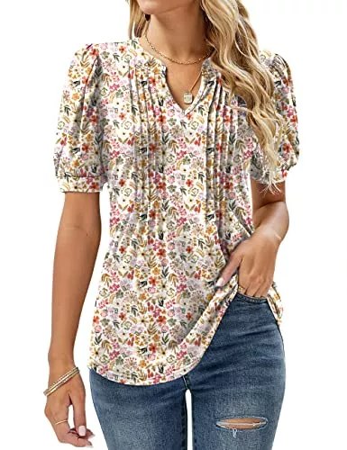 EFFAN Kurzarmblusen EFFAN Bluse Damen Kurzarm T-Shirts V-Ausschnitt Blumen Falten Tunika Sommer Oberteile Locker Lässig Longshirt…