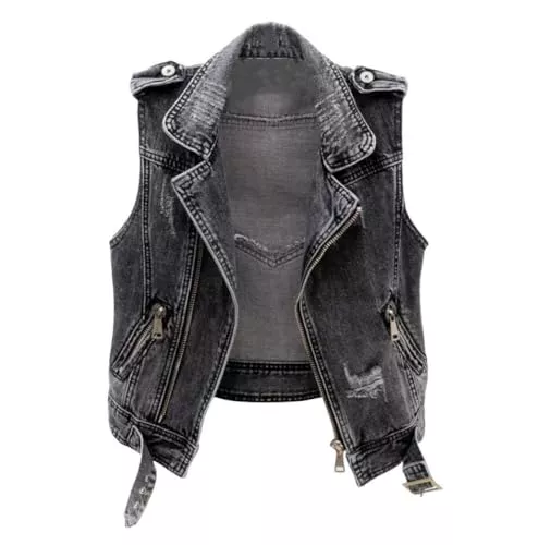 OLGER Westen OLGER Ärmellose Jeansweste-Punk Schwarz Zerrissene Gewaschene Denim-Weste Jeans Gielt Zip Bandage Kurze Denim-Weste Plus Size Destoryed Jeansjacke Frühling Strickjacke Oberbekleidung Plus Größe S-3Xl