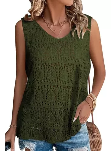 BLENCOT Tops BLENCOT Damen Strick Tank Top Sommer V-Ausschnitt Top Ärmellose Ausgehöhlt Oberteile Läsiges Fit Basic Shirt Bluse