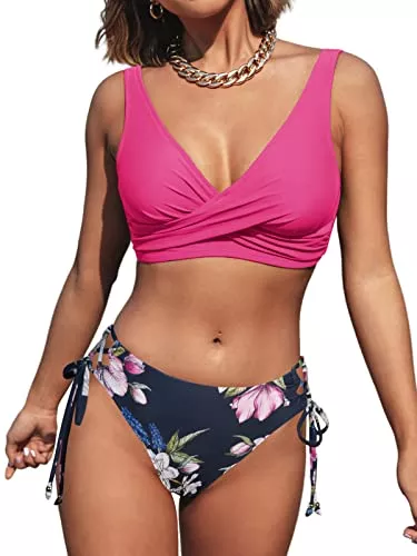 CUPSHE Bademode CUPSHE Damen Bikini Set Wickeloptik Lace Up Bikini Bademode V Ausschnitt Blumenmuster Zweiteiliger Badeanzug Swimsuit