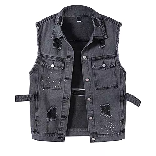 ORANDESIGNE Westen ORANDESIGNE Damen Jeansweste Ärmelloses Jeansjacke Outwear Knopf Umlegekragen Zerrissene Denim Weste mit Taschen