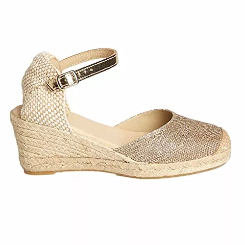 NOESLOMISMO BY DILEMA Sandalen & Slides No es lo mismo - Espadrille - Sandalen aus Jute mit Keilabsatz für Damen | Plateauschuhe 5 Kordeln Espadrille Schnalle und geschlossene Schuhspitze| Druck Farbe: Iridium Silber | Größe von 35 bis 41