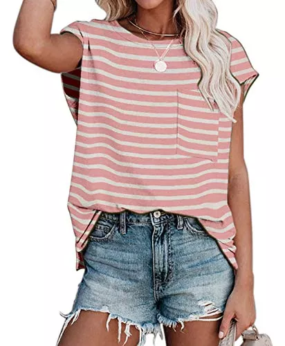 ANCAPELION T-Shirts ANCAPELION Damen Casual T-Shirt Kurzarm Sommer Tops Lose Oberteile Rundhals Basic Bluse mit Tasche