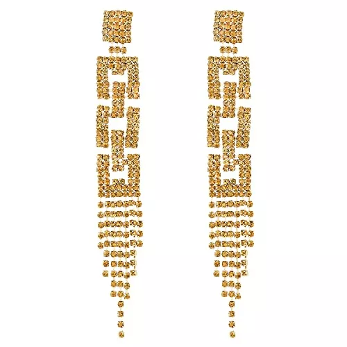 COOLSTEELANDBEYOND Schmuck Funkeln Art Deco Champagner Strass Pflastern Pave Cluster Geometrisch Quaste Lange Statement Ohrringe Gold