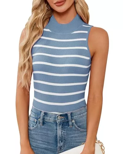 BellaDila Tops BellaDila Damen Frühling Sommer Gestreift Tank Top Rippenstrick Slim Fit Ärmellose Shirt Rollkragen Lässig Basic Tops Oberteile 2024