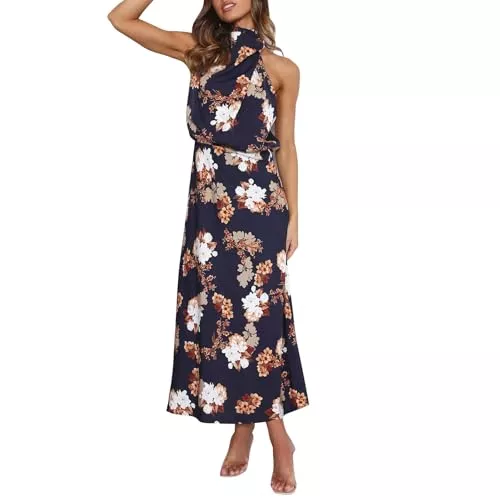 Odizli Abendkleider Odizli Damen Elegant Ärmellos Neckholder Satin Sommer Hochzeit Lang Abendkleider