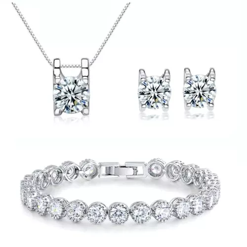 Kim Johanson Schmuck KIM JOHANSON® Damen Schmuckset *Ella* in Silber I Halskette mit Anhänger & Ohrringe aus 925 Sterling Silber I Ohrstecker I Hochzeit I Set für Frauen I Kristall Armband I Wasserfest inkl. Schmuckbeutel