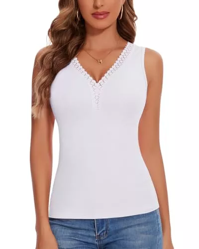 WOWENY Tops WOWENY Top Damen mit Spitze V-Ausschnitt Damen Oberteile Geripptes elegant und sexy Basic Tank Top Unterhemden Sommer Tops T-Shirt Tshirts