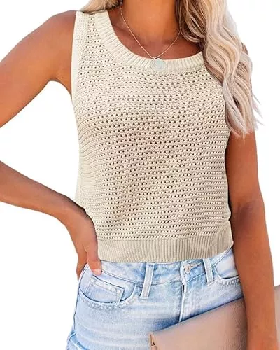 Saodimallsu Tops Saodimallsu Damen Strick Tank Top Sommer Ärmellose Oberteile Rundhals Bluse Häkel-Skelett Freizeit-Shirt Sexy Weste Elegant Casual Stricktop