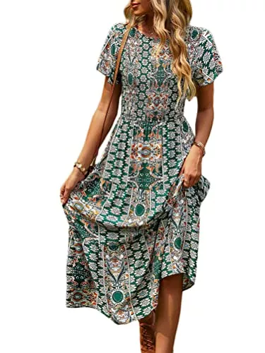 Onsoyours Freizeit Onsoyours Sommerkleid Damen V-Ausschnitt Lang Kleid Blumenkleid A-Linie Maxikleid Vintage Boho Kurzarm Strandkleid Lose Kleid Casual Partykleid