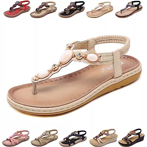 QJJQ Sandalen & Slides QJJQ Sandalen Damen mit Absatz Sommer Bequem Elegant Sandalen mit Strass Perlen Bohemia Strand Schuhe Freizeit Flach Sandalette Größe 36-42