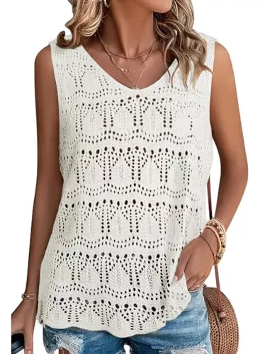 BLENCOT Ärmellose Blusen BLENCOT Damen Strick Tank Top Sommer V-Ausschnitt Top Ärmellose Ausgehöhlt Oberteile Läsiges Fit Basic Shirt Bluse