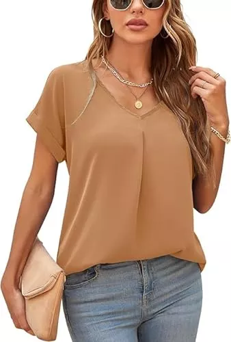 Yommay Kurzarmblusen Yommay Damen Bluse Sommer Elegant V-Ausschnitt Tunika Shirt Oberteil Flowy Kurze Ärmel Chiffon Tops