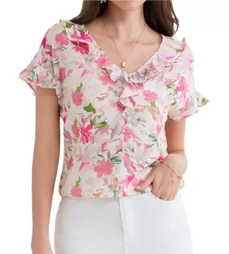 GRACE KARIN Kurzarmblusen GRACE KARIN Damen V-Ausschnitt Bluse Casual Sommer Kurzarm Oberteil Rüschenärmel Blumenhemd Locker T Shirt