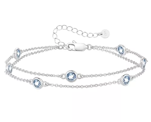 LOUISA SECRET Schmuck LOUISA SECRET Damen Armband Layered mit Geburtsstein Anhängern Doppelt Kette für Frauen Mädchen 925 Sterling Silber Armbänder, Geburtstag Jahrestag Weihnachten Geschenk für Sie Frauen Freundin Mutter