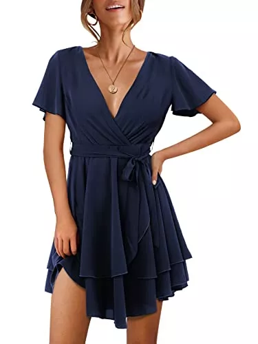 Beluring Freizeit Beluring Damen Kleid Kurzarm Casual V-Ausschnitt Tunika Kleider Minikleid Wickelkleid
