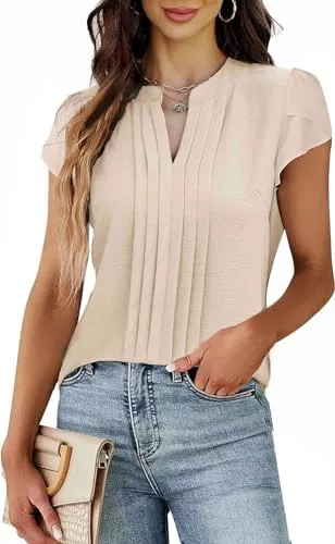 Teesho Kurzarmblusen Teesho Damenblusen Elegant V-Ausschnitt Casual Langarm Oberteile Plissee vorne Arbeit Shirts Tunika Hemd Tops