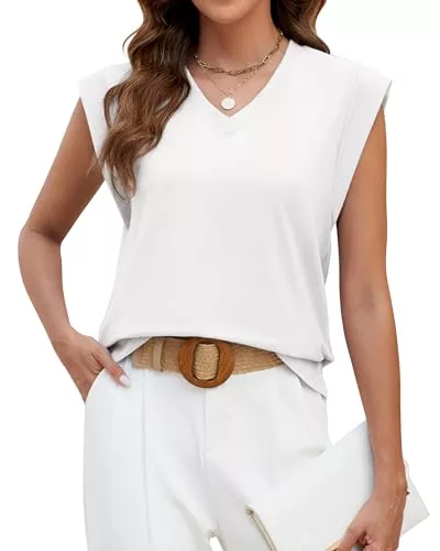 ZASFOU Ärmellose Blusen ZASFOU Damen Sommer V Ausschnitt Tank Top Ärmellose Tshirt Oberteile Flügelärmel Tunika Tops Shirt Geschenk für Frauen