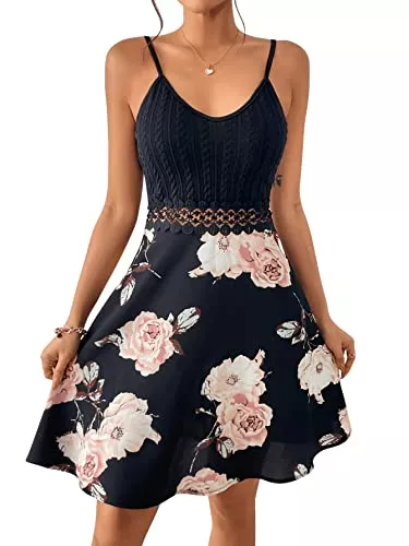 GORGLITTER Freizeit GORGLITTER Damen 2 in 1 Ärmellos Freizeitkleid A-Linie Sommerkleid Geblümt Bohokleid Shortskleid mit Spitzen