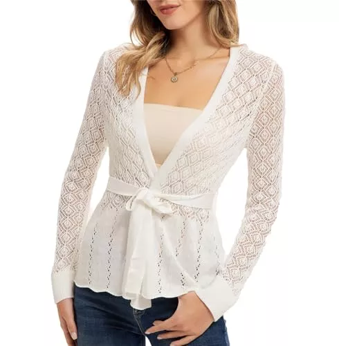 GRACE KARIN Strickjacken GRACE KARIN Damen Langarm Strickjacke Casual V-Ausschnitt Open Front Cardigan Elegant Hohler Strickpullover mit Gürtel
