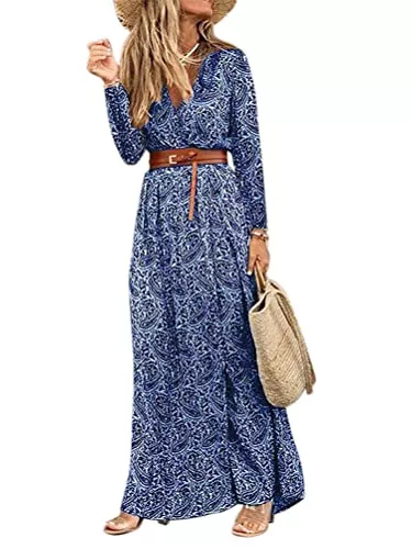 Onsoyours Freizeit Onsoyours Sommerkleid Damen V-Ausschnitt Lang Kleid Blumenkleid A-Linie Maxikleid Vintage Boho Kurzarm Strandkleid Lose Kleid Casual Partykleid