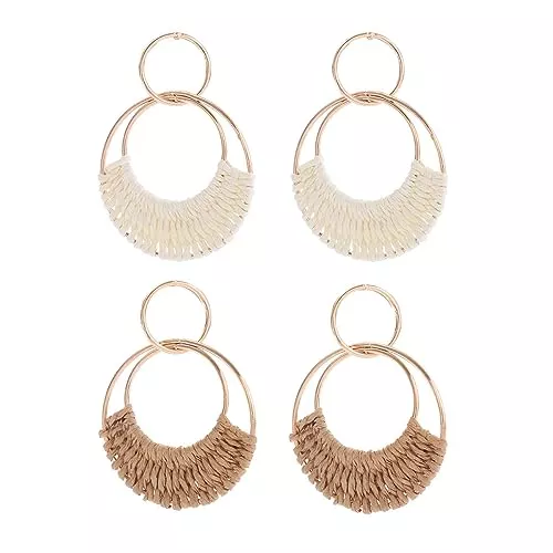 FDEETY Schmuck FDEETY Ohrringe für Damen Bohemian Raffia Hoop baumeln Ohrringe Hand gefertigte Stroh Wicker Rattan Ohrringe Runde Ohrringe