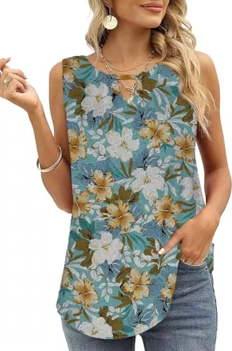 Cuptacc Tops Cuptacc Tank Top Damen Sommer 2024 Trendy Einfarbige Schlüsselloch V Ausschnitt Ärmellose Sexy Tops Lockere Tunika Shirt
