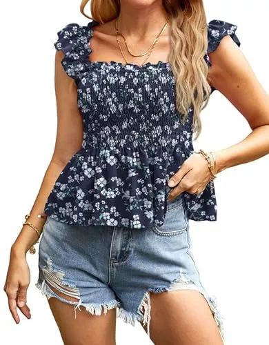 BesserBay Kurzarmblusen BesserBay Damen Sommer Top Ärmellos Oberteil Ausschnitt mit Rüschen S-XXL