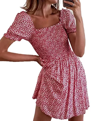 Yeahill Freizeit Yeahill Sommerkleid Damen Blumen Tunika Kleid Damen Kurz Schulterfreies Kleid High Waist Volantkleider Damen Boho Strandkleider Luftiges Minikleid