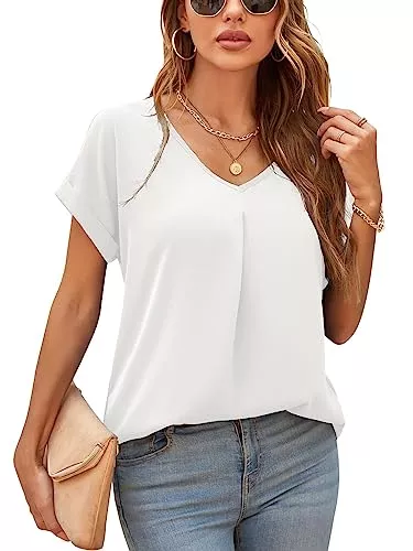 Yommay Kurzarmblusen Yommay Damen Bluse Sommer Elegant V-Ausschnitt Tunika Shirt Oberteil Flowy Kurze Ärmel Chiffon Tops