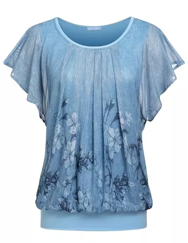 Zeagoo Kurzarmblusen Zeagoo Damen Bluse Batwing Bluse Shirts Kurzarm Tunika Top Blumen Mesh Oberteile Rundkragen T-Shirt Bluse