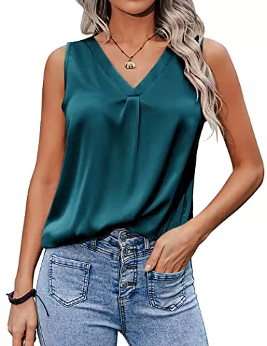 Zeagoo Ärmellose Blusen Zeagoo Damen Satin Tank Top Strap Basic Cami Sommer Weste Shirt Lässiges V-Ausschnitt Ärmellose Blusen