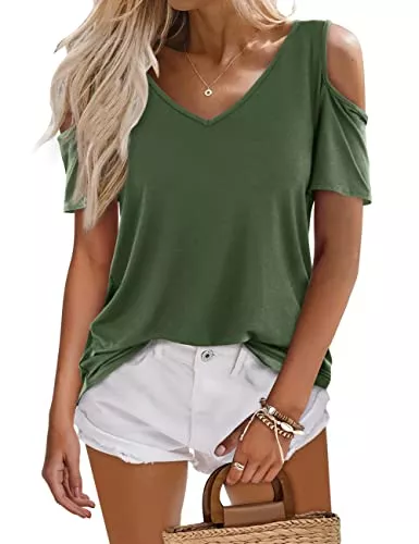Beluring Kurzarmblusen Beluring Damen Oberteil Schulterfrei Kurzarm/Langarm Shirts Sommer V-Ausschnitt Tunika Top