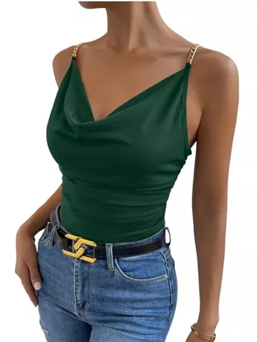 GORGLITTER Tops GORGLITTER Damen Spaghettiträger Crop Tops Camisole Wasserfallausschnitt Bauchfrei Oberteile Cami Top mit Ketten