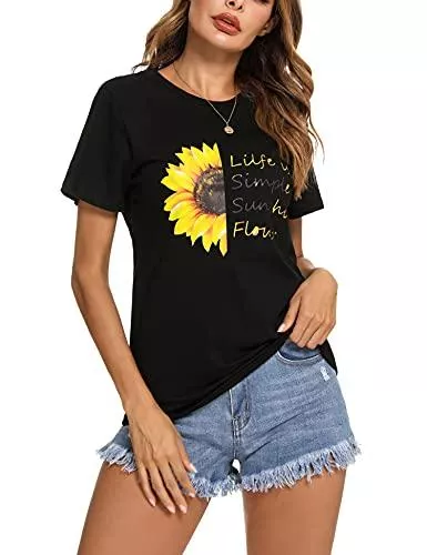 Irevial T-Shirts Irevial Damen Sommer Kurzarm, Damen Lässig T-Shirt Pusteblume Druck T-Shirt Lose Rundhals Frauen Einfarbig Casual Brief Bedruckt Basic Oberteile Elegant Top