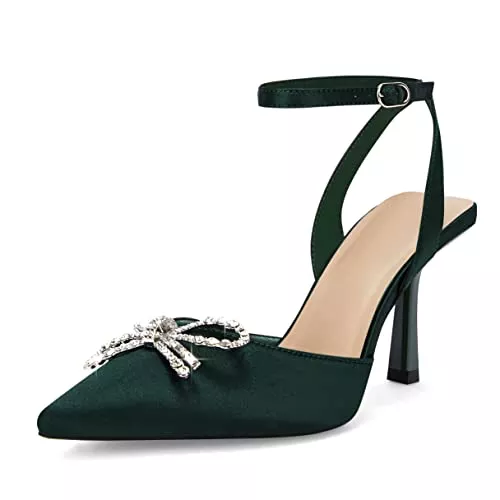 Coutgo High Heels Coutgo Damen Strass Schleife Heels Pumps Kätzchen Absatz Spitze Zehe Slingback Hochzeitskleid Schuhe